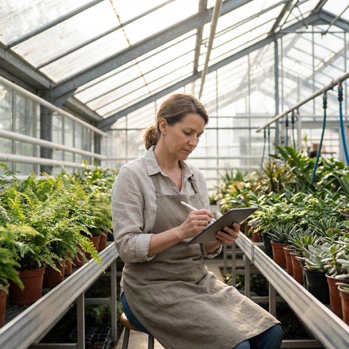 Small business owner working in a greenhouse