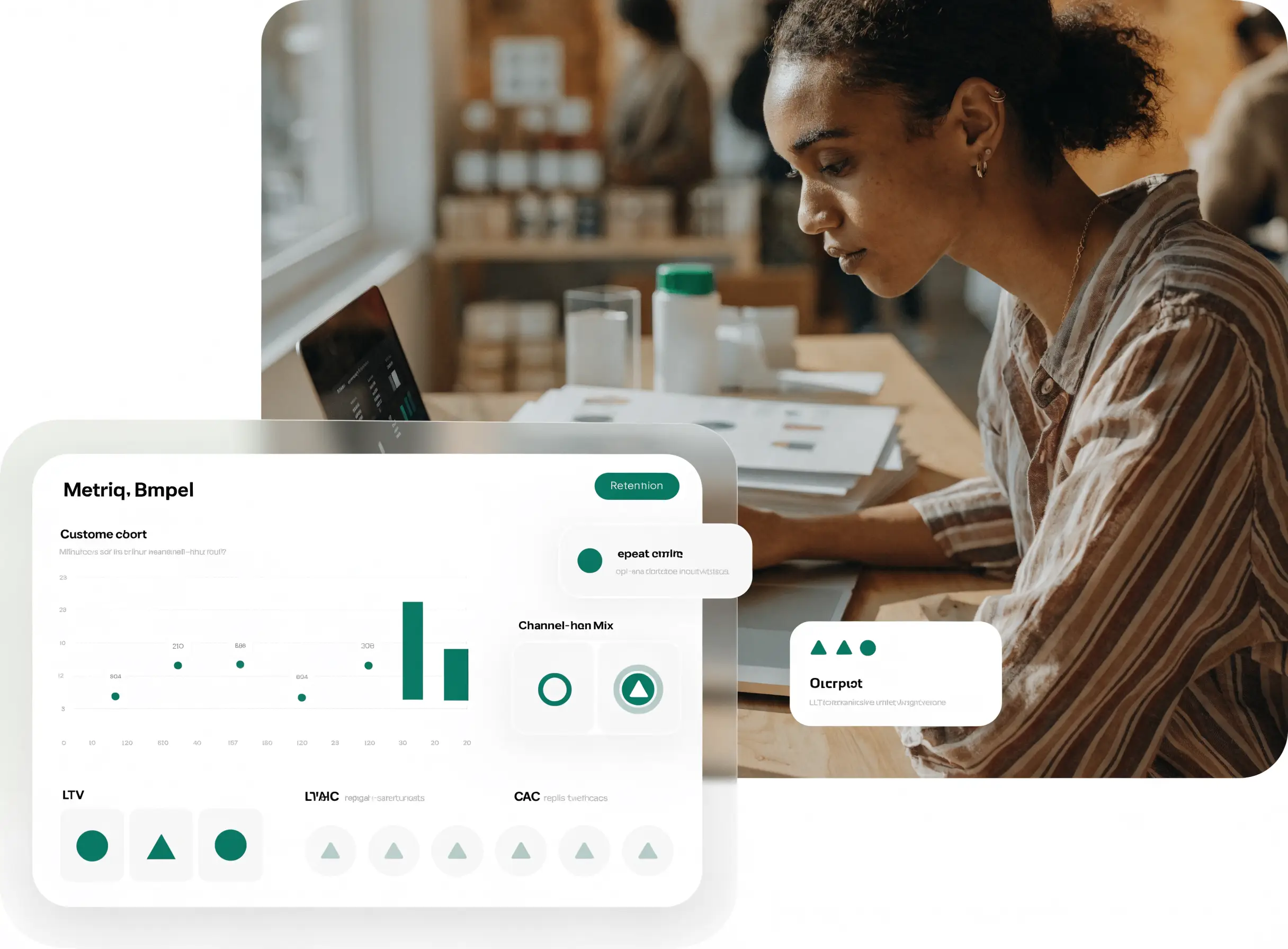B2C business planning dashboard showing customer growth, retention, marketing channels, and unit economics.