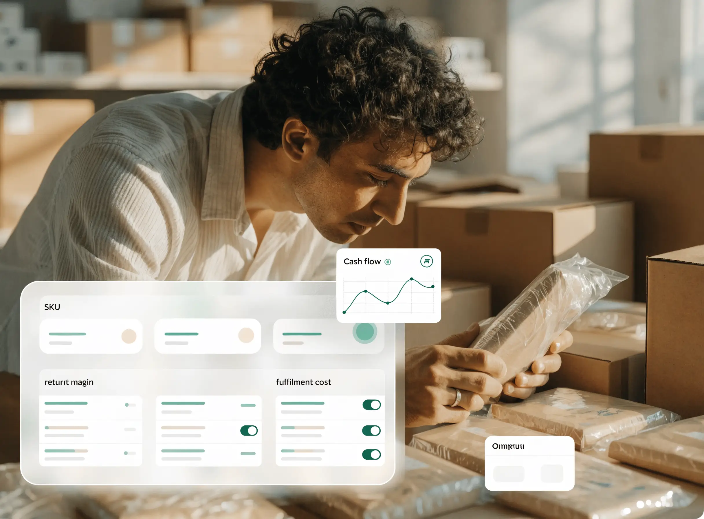 E-commerce planning dashboard showing SKU margins, inventory, returns, channel profitability, and cash flow.