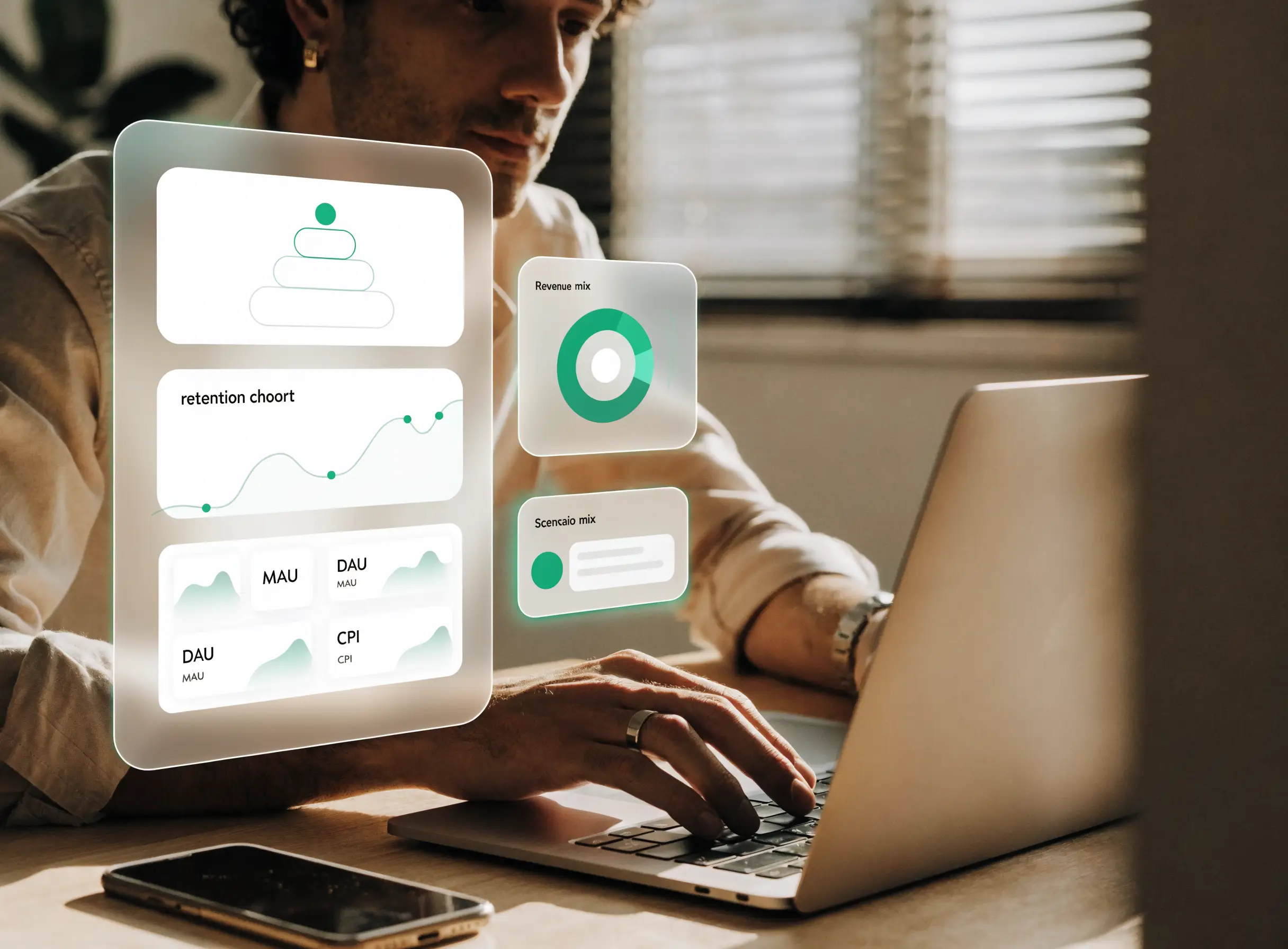 Mobile app economics dashboard showing installs, retention, DAU, MAU, LTV, CPI, and payback modelling.