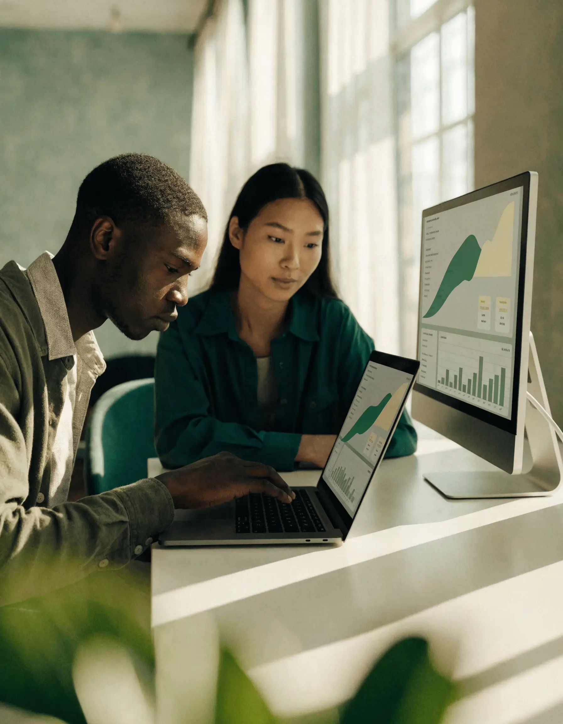 Two startup founders reviewing SaaS metrics on a laptop and monitor, MRR, ARR, and growth charts on screen.