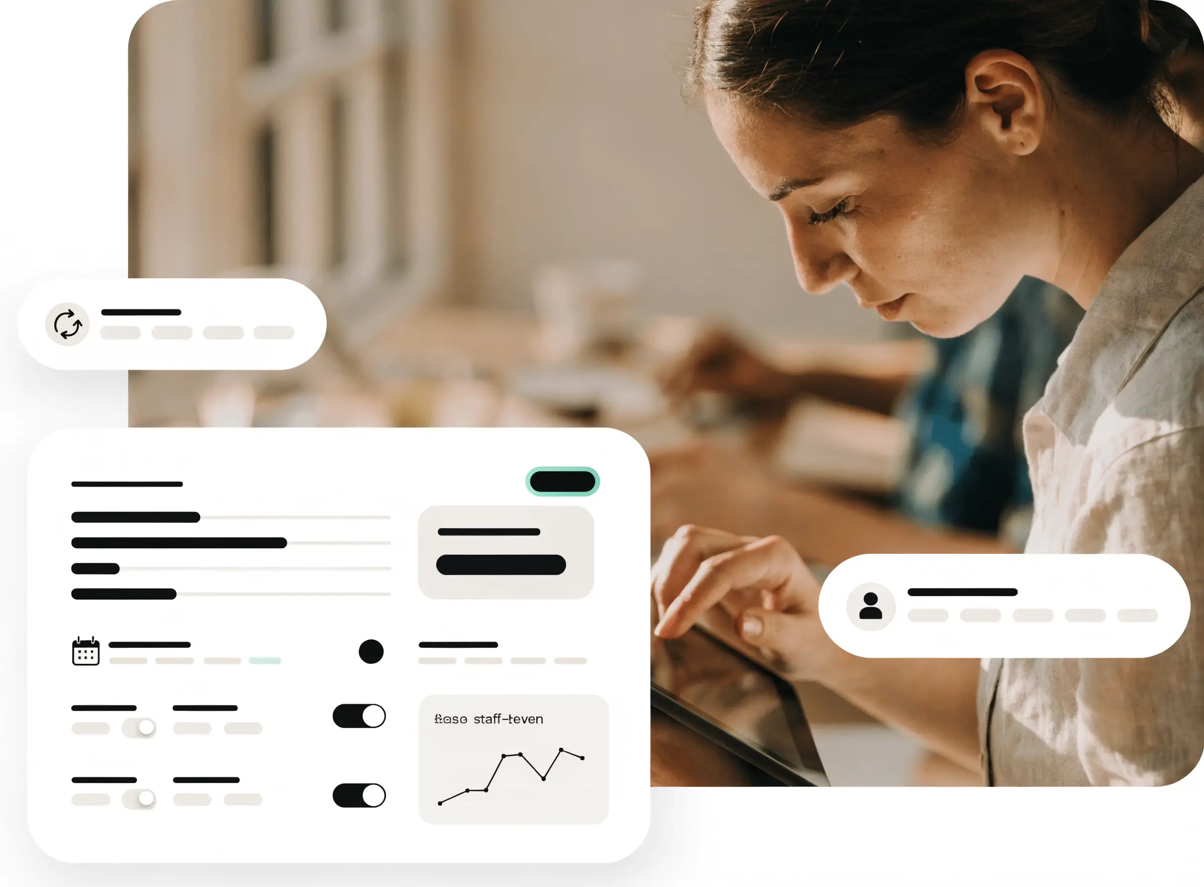 Service and local business planning dashboard showing utilisation, bookings, staffing, location break-even, and cash flow.